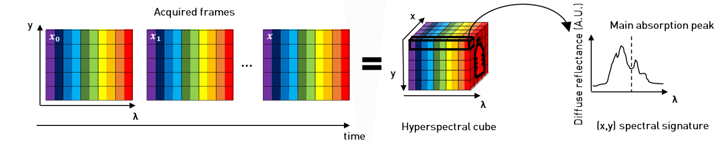 Hyperspectral imaging basic principle. A series of (y, λ) frames are acquired in time to generate a (x, y, λ) hyperspectral data cube.
The spectral signature of the object at each position (x, y) is contained in the cube.